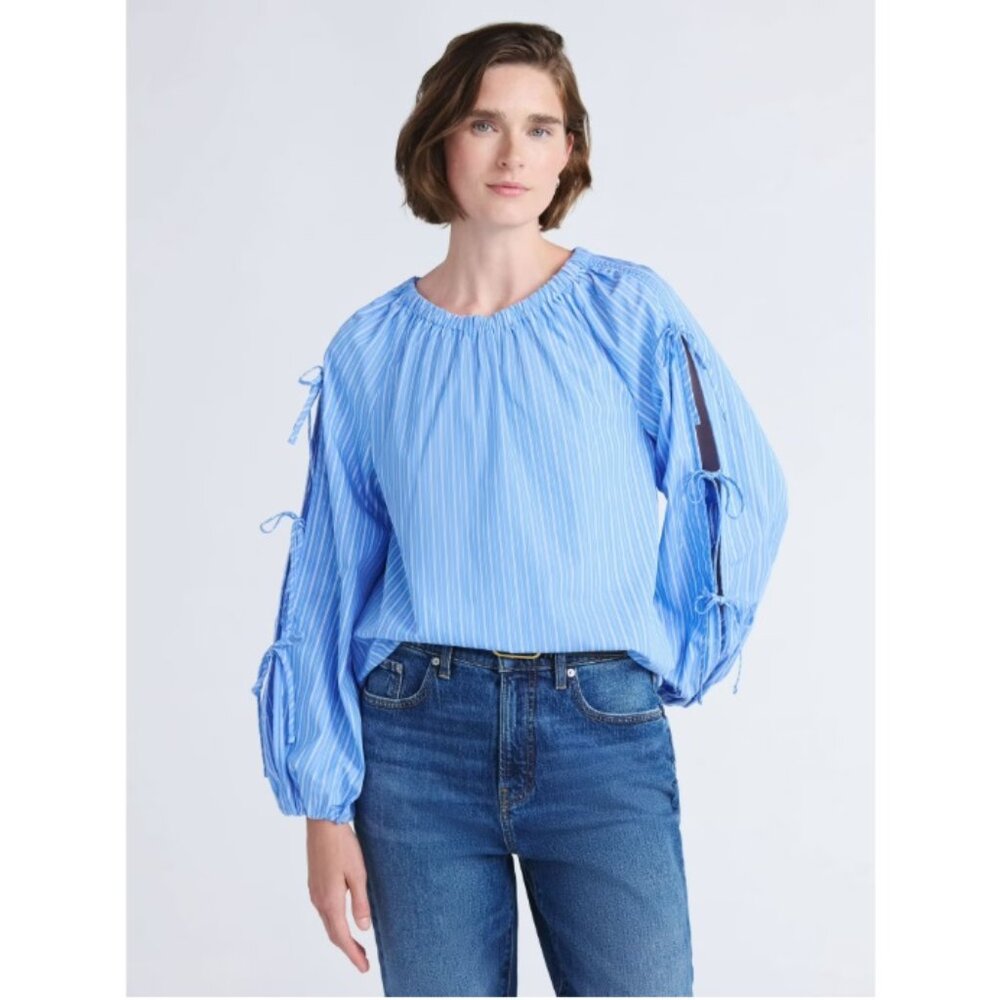 Free Assembly Gathered Neck Top Long Tie sleeve Blue Stripe Size XL (16-18)